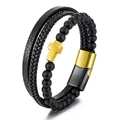 Men's multi-layer leather bracelet with golden cross and magnetic clasp in black and gold - Matte Stone + Gold Cross