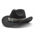 Black western cowboy hat with ethnic jacquard band and vintage turquoise embellishment - M (56-58cm) / Black