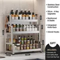 3-tier stainless steel kitchen spice rack with knife holder, size 50x22.5x63cm - Triple Layer 50cm + Knife Rack + Hooks