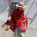 Red Bohemian style shawl with mandala prints and tassels for beach sun protection - Royal Blue Border Totem