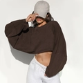 Brown cropped crewneck sweatshirt for women paired with grey joggers and a cotton baseball cap - XS / Tops / Dark Brown