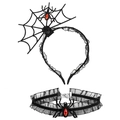Detail view of black spider web headband and lace choker set with red rhinestones - 7# Spider Web Red Rhinestone Set