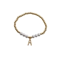 Gold beaded bracelet with white pearls and a colorful crystal letter A pendant - Letter A