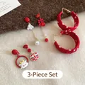 Set di tre paia di orecchini rossi festivi con motivi leone e perle sintetiche - Set da 3 Pezzi Rosso Tradizionale (6#)