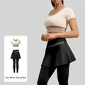 Women's ivory white and star black high-elastic yoga set with slim cropped top and skirted leggings - S / Top And Bottom / Ivory White + Starry Black