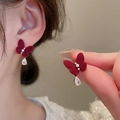 Détails de boucles d'oreilles nœud floqué bordeaux avec pendentif goutte en cristal - Style Nœud en Flocage (29#)