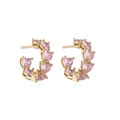 Detailed macro view of pink heart-shaped cubic zirconia stones on gold C-shaped earrings - Gold Base Pink Zirconia 1 Pair