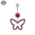 316L surgical steel bow belly button ring with pink rhinestones and a butterfly pendant - Silver Pink Zircon Butterfly (24080101-5)