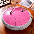 Pink 7-note steel tongue drum with gray woven rope and a pair of professional mallets - 13 Inch 15 Notes - Dreamy Pink - Maple Leaf