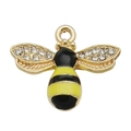 Gold bee pendant with black and yellow enamel and crystal rhinestone wings - 1pc Yellow Enamel Bee 18x22mm with Rhinestones