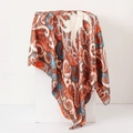 Satin silk scarf featuring warm orange and blue paisley patterns on white background - 90*90cm / Beige