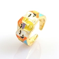 Detailed close-up of gold-plated ring featuring colorful enamel geometric face pattern - Adjustable Open / Style 02