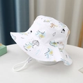 Detailed view of kids' white bucket hat with colorful dinosaur prints and windproof cord - 50-52CM / White Umbrella