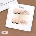 Handmade short round press-on nails with black French tips, glitter and polka dots on pink base - XS / Pink Black French Polka Dot Rhinestone Style (SD012)