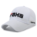 White breathable mesh baseball cap featuring black and red FBKS embroidery for summer - White