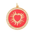 Golden round pendant with red enamel, gold heart pattern and sparkling zircon stones - Red Round Heart Sunburst Style (K055896-Red)