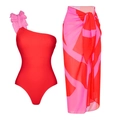 Bañador de un hombro rojo con volantes rosas y pareo de playa con patrón geométrico - S / Bañador de un Hombro con Volantes + Conjunto de Sarong