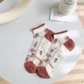 Calcetines transparentes estilo japonés con estampado de flores rojas y borde volante - Talla Única (Sin Embalaje) / Alfabeto