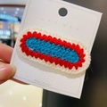 Handmade knitted oval hair clip in blue, red, and white on a display card for DIY hair styles - 13# Blue Red Oval Slice