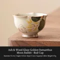 Ceramic daisy teacup with grass ash glaze finish and moon rabbit flower illustration - Hand-Painted Moon Rabbit - Grass Ash Glaze Bud Cup
