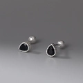 S999 Silber Wassertropfen Ohrstecker mit schwarzem Stein und praktischem Schraubverschluss - 990 Silber / Schwarz