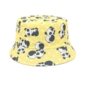 Close-up of yellow sun hat featuring cartoon panda prints and white polka dots pattern - Head Circumference 52-54cm / Yellow