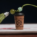 Green sandalwood sachet rabbit pendant with coffee cup carving and green silk tassel - Milk Tea Cup Style (9) / Approx. 3.7*2cm / Without Scent Beads