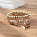 Böhmisches mehrlagiges Perlenarmband-Set mit goldenem Blattanhänger und brauner Quaste - 23032016-kaffee / Reisperlen