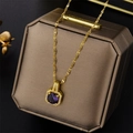 Golden necklace with square purple gemstone pendant and white crystals in velvet box - 8983 Gold Purple