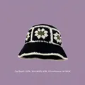 Handmade crochet bucket hat with vintage green floral pattern on black and white knit - M (56-58cm) / Sunflower Basin Hat Black