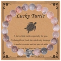 Pink and grey 8mm stone bead elastic bracelet with a vintage silver turtle charm and card - Pink Zebra Stone