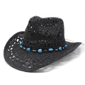 Détail des perles de cœur bleues et accents argentés sur chapeau cowboy en paille - M (56-59cm) / Noir