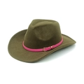 Detail showing olive green wool felt cowboy hat with pink decorative band and gold buckle - M (56-58cm) / Army Green