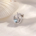 Silver hollow apple ear stud with tiny rabbit and blue heart zircon on white shell - Light Sea Blue (1 Pc)