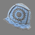 Blue and grey crochet beanie featuring a sunflower pattern in granny square style - One Size / Sky Blue Five Flowers Hat