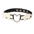 Close-up of black leather choker featuring white bat wings and silver hollow heart pendant - White Wings Black PU Choker