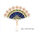 Vintage gold fan brooch with blue enamel inlay and hanging teardrop pearl, 6.0x3.5cm size - Vintage Fan Pearl