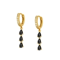 Close-up of gold hoop earrings with clear zircons and three black pear-shaped crystals - Black