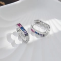 Luxury brass huggie hoop earrings with rectangular colorful zircon inlays on white tray - White Gold - Colorful Zirconia
