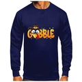Navy blue fleece hoodie featuring a cartoon turkey and GOBBLE print for Thanksgiving - Dark Blue