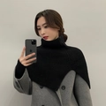Black ribbed knit turtleneck collar neck warmer shown with a grey double-breasted wool coat - Split Shawl-Black