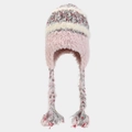 Rosa und graue Strickmütze mit Ohrenklappen, geflochtenen Bändern und Pelzbommeln - Einheitsgröße / Rosa