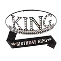 Kit d'anniversaire pour homme avec couronne KING en strass noir et écharpe assortie - Strass noir AB + Écharpe satin iridescente noire