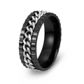 Heren spinner ring van zwart titanium staal met zilveren cubaanse ketting en industrieel rand - US 12 / Zwarte Ring + Zilveren Ketting