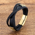 Bracciale multistrato in pelle intrecciata nera da uomo con chiusura magnetica dorata - Chiusura Oro