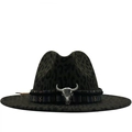 Dark green leopard print fedora with ethnic band and silver bull skull metal accessory - M (56-58cm) / Metal Bull Skull Ethnic Woven Band Style / Green