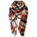 Autumn winter red plaid tassel scarf with thick cashmere-feel fabric in tartan pattern - 140x140cm / Black Jujube Red