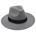 Close-up of a light grey wool fedora hat with a classic black ribbon on a white background - One Size / Light Gray