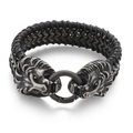 Retro braided leather bracelet with vintage silver lion head clasp in stainless steel - Antique Black (KB144769-KFC)