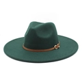 Detail of dark green wool felt fedora featuring a brown leather band and gold horseshoe buckle - M (56-58cm) / Dark Green